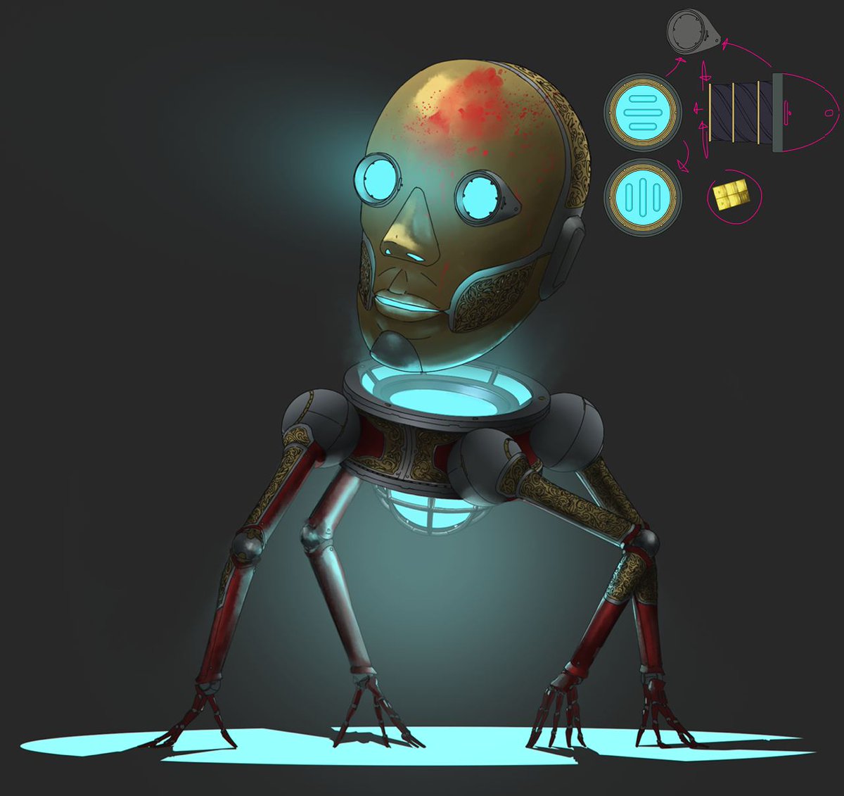 On the topic of the game's inhabitants! A spider-like reconnaissance bot. True to their spider nature, they love climbing walls and sticking to the shadows.

This enemy will be one of the first opponents the players encounter on the path to uncovering the mysteries of Brightville