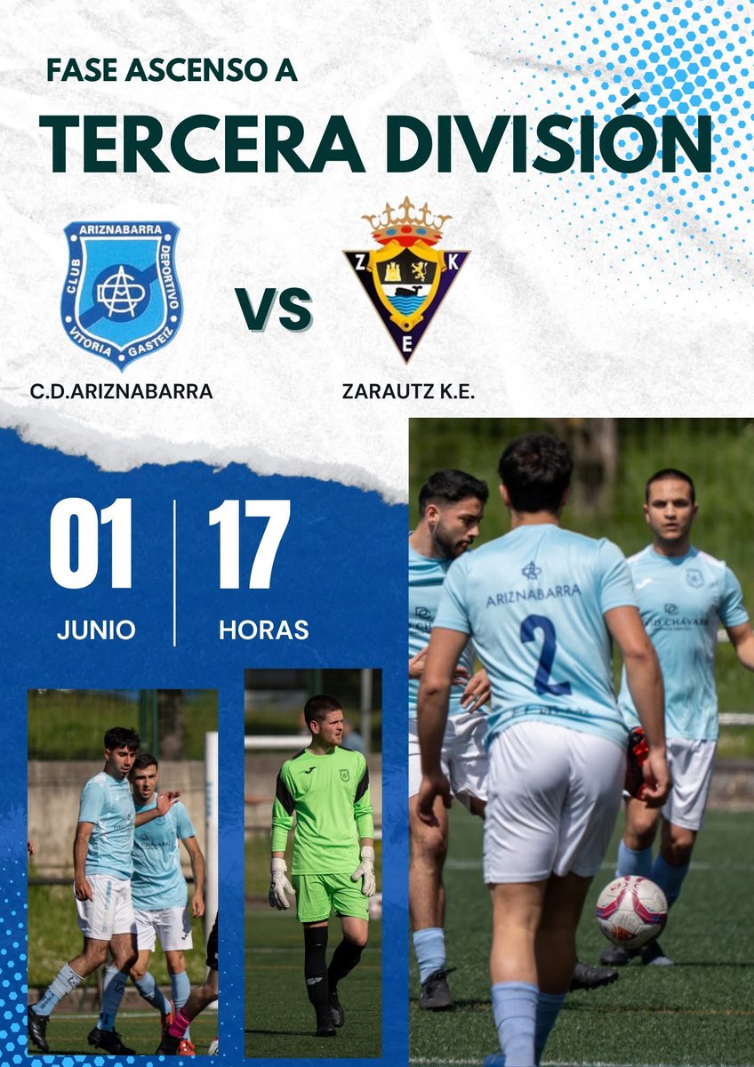 🔥 FASE DE ASCENSO A TERCERA RFEF 🔥
📍 Primer partido del playoff
⚽ CD Ariznabarra 🆚 Zarautz KE
📅 Domingo 1 de junio
🕔 17:00 horas
🏟️ Campo de Ariznabarra

💥 ¡Comenzamos la lucha por el ascenso!

💙 ¡Llena la grada y anima al equipo!