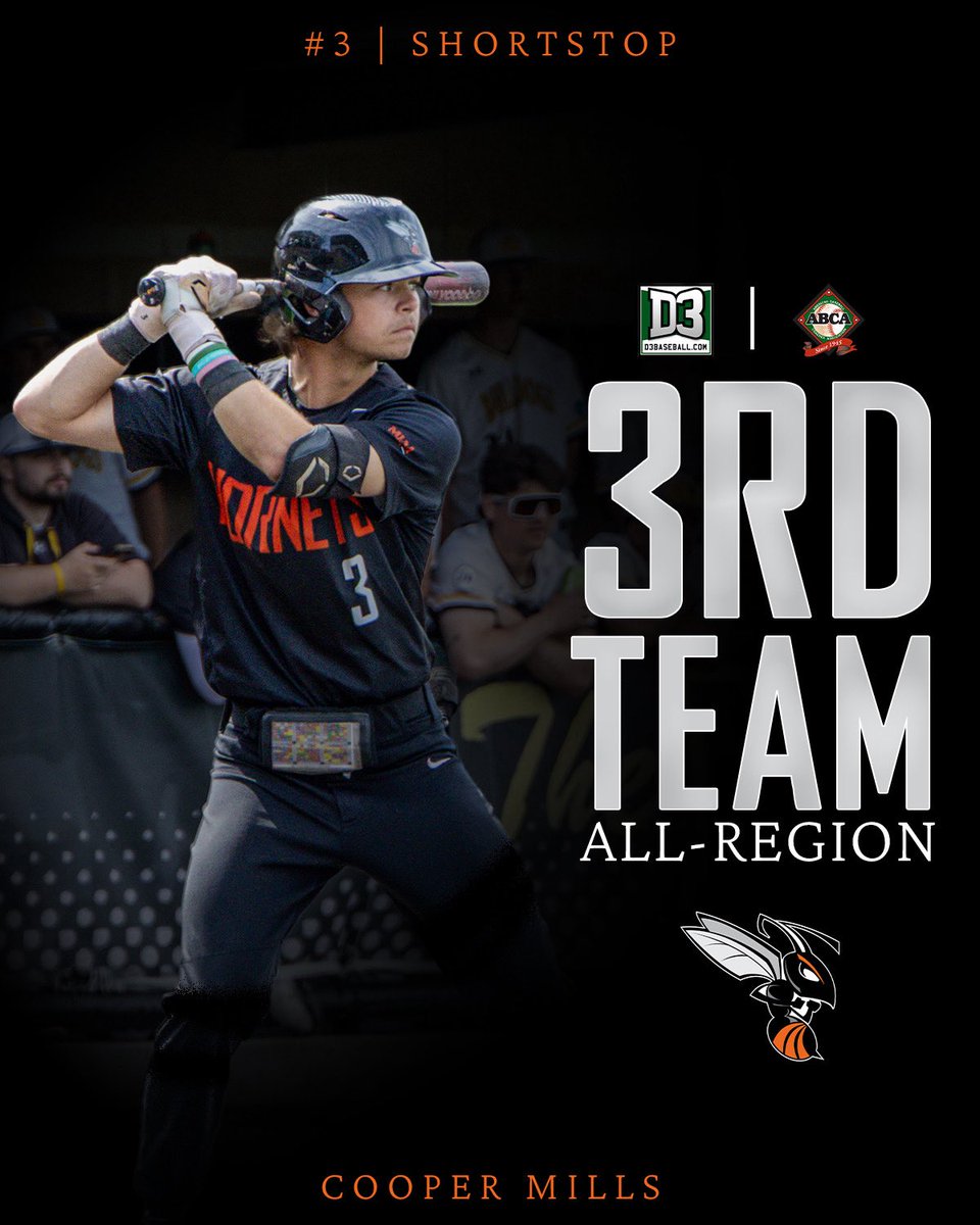 Cooper Mills has been named to the D3baseball.com and ABCA/Rawlings All-Region 3rd Team (SS). Congratulations, Cooper! 🐝⚾️🏆

#d3baseball