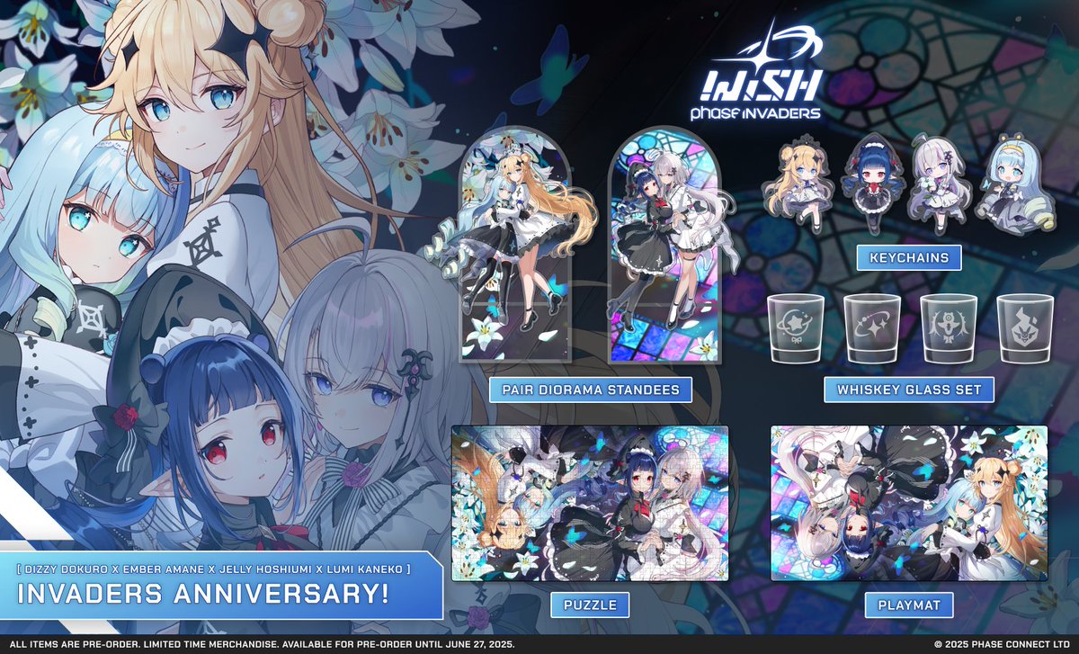 phase_shop's tweet image. 🐛❤️‍🔥 [Invaders WISH Second Anniversary Pre-Order] 💫🌠 

From late-night zatsus to unarchived gems, karaoke highs to full-chat chaos, we’ve been there for it all!
Dizzy made us laugh when we needed it. Ember lit up the screen by being herself. Lumi brought a calm that stayed.…