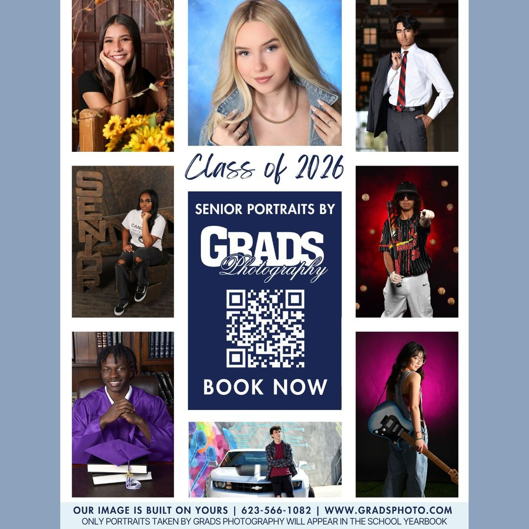 ShadowRidgeHS's tweet image. Attention Class of 2026!
You can set up your senior portrait session with GRADS Photography. GRADS Photography is your district-approved senior portrait photographer.
You can start booking now at gradsphoto.com or call 623-566-1082 ext. 2 to schedule an appointment.