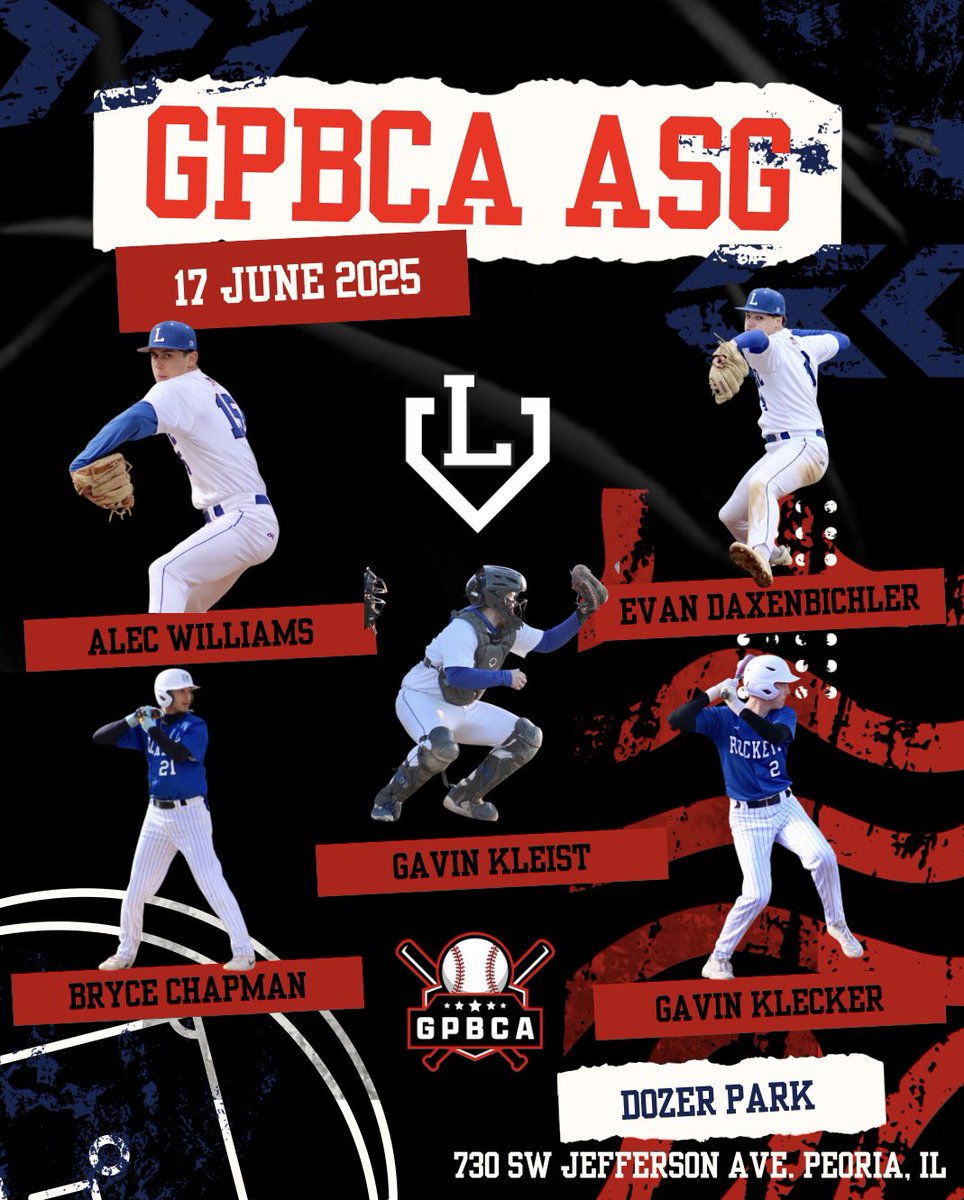Congratulations to Alec, Evan, Gavin, Bryce &amp; Gavin for being named GPBCA All-Stars! June 17th Dozer Park 7pm start.