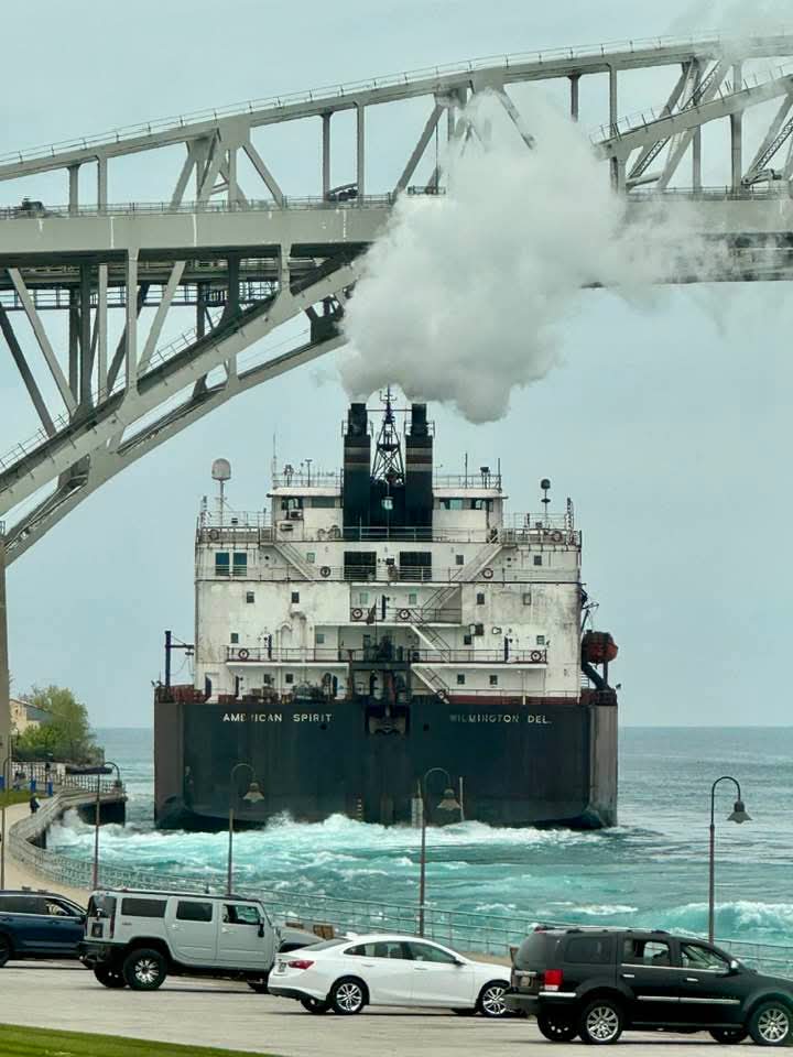 TheRealMedicCJ's tweet photo. Around 1:45 today, the M/V American Spirit had a near impact on the St Clair River in Port Huron Michigan. I can only imagine those big rocks near shore were moved by her draft 😳😳😬 #michigan #porthuron #greatlakes #freighter #ship #americanspirit #miwx https://t.co/fp9rVkQDE7