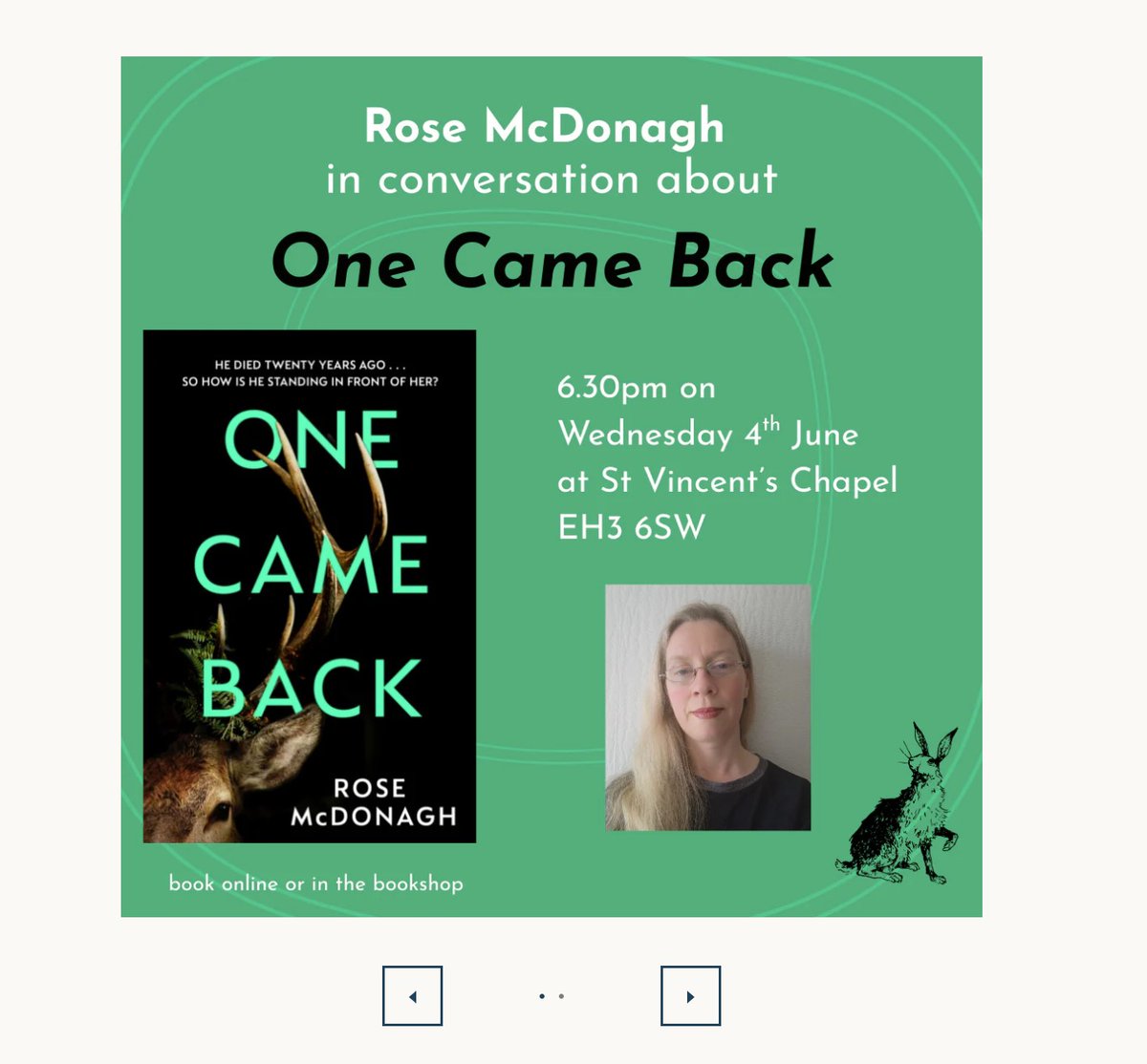 If you're in #Edinburgh next week, join us for wine, cake  and conversation about strange and haunting things at the launch for One Came Back #debutnovel

Nicky died twenty years ago so how is he standing in front of her?

#BBC Book at Bedtime #R4

goldenharebooks.com/products/one-c…