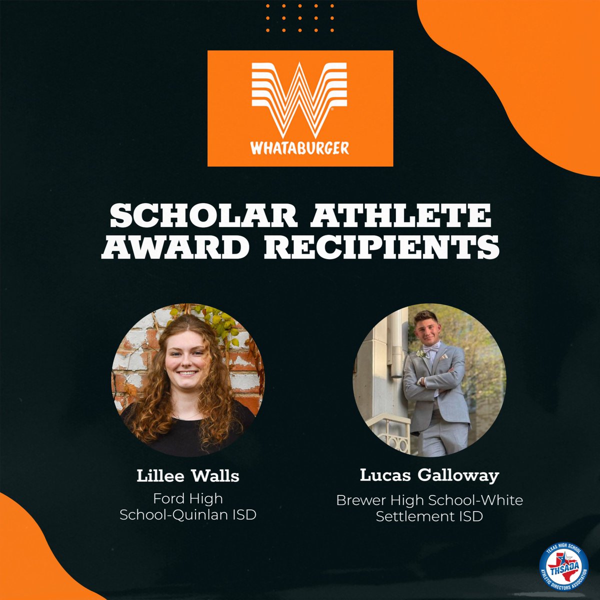 THSADA (@officialthsada) on Twitter photo 🎓Congratulations to the 2025 <a href="/Whataburger/">Whataburger®</a> Scholar Athlete Award Recipients!
Lillee Walls from Ford High School at <a href="/QuinlanISD/">Quinlan ISD</a>
Lucas Galloway from Brewer High School at <a href="/wsisdschools/">White Settlement ISD</a>
🔗Read more: thsada.com/awards/scholar… 🎓Congratulations to the 2025 <a href="/Whataburger/">Whataburger®</a> Scholar Athlete Award Recipients!
Lillee Walls from Ford High School at <a href="/QuinlanISD/">Quinlan ISD</a>
Lucas Galloway from Brewer High School at <a href="/wsisdschools/">White Settlement ISD</a>
🔗Read more: thsada.com/awards/scholar…