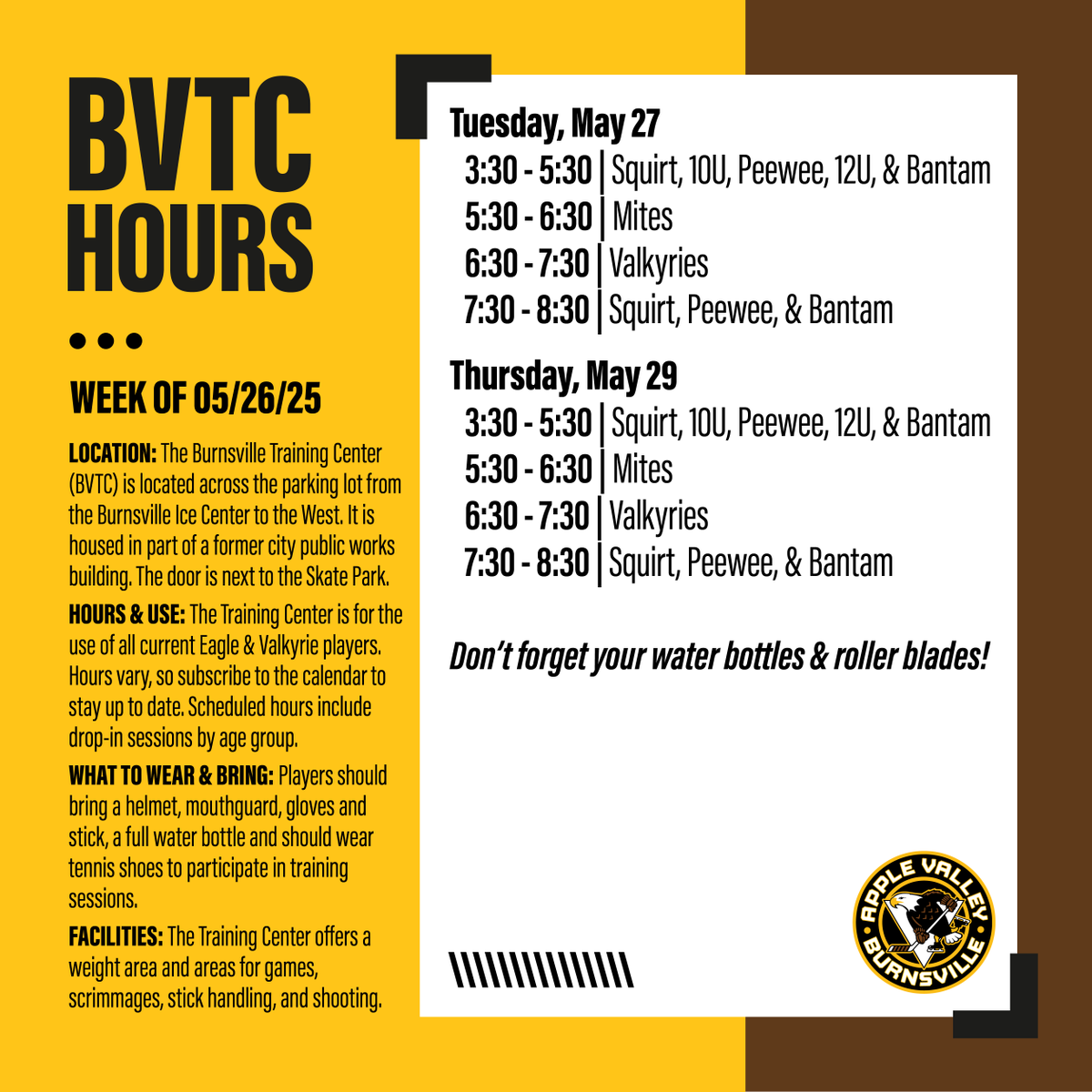 🏒 BVTC HOURS THIS WEEK! 💪🔥
Don't forget your helmet, gloves, stick, &amp; water bottle! 🚰

See you there! 🦅💪 Full schedule: 👉 avbhockey.com/bvtc
#TrainLikeAnEagle #BVTC #AVBHA