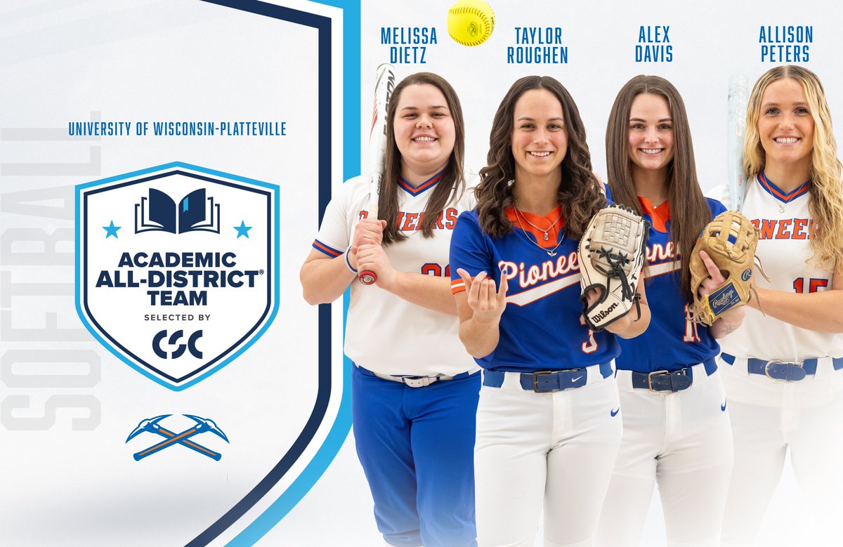 UW-Platteville Athletics (@uwp_pioneers) on Twitter photo Four members of the <a href="/UWPlattSoftball/">UW-Platteville Softball</a> team were named to the CSC Academic All-District Team on Tuesday! #SwingTheAxe #uwp #uwplatteville #platteville
Read more ➡️letsgopioneers.com/sports/sball/2… Four members of the <a href="/UWPlattSoftball/">UW-Platteville Softball</a> team were named to the CSC Academic All-District Team on Tuesday! #SwingTheAxe #uwp #uwplatteville #platteville
Read more ➡️letsgopioneers.com/sports/sball/2…