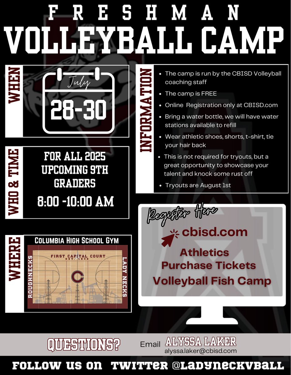 All things volleyball camp!!!! 

3rd-8th Camp 👉🏻 events.hometownticketing.com/boxoffice/cbis…

Freshman camp 👉🏻 events.hometownticketing.com/boxoffice/cbis…

Upperclassman Camp 👉🏻  tamikanewman.com/bookstore