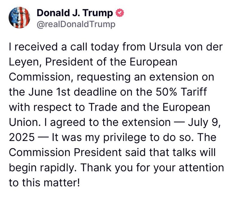 unusual_whales (@unusual_whales) on Twitter photo Trump extends 50% Tariff Deadline after call with European Commission President. Trump extends 50% Tariff Deadline after call with European Commission President.