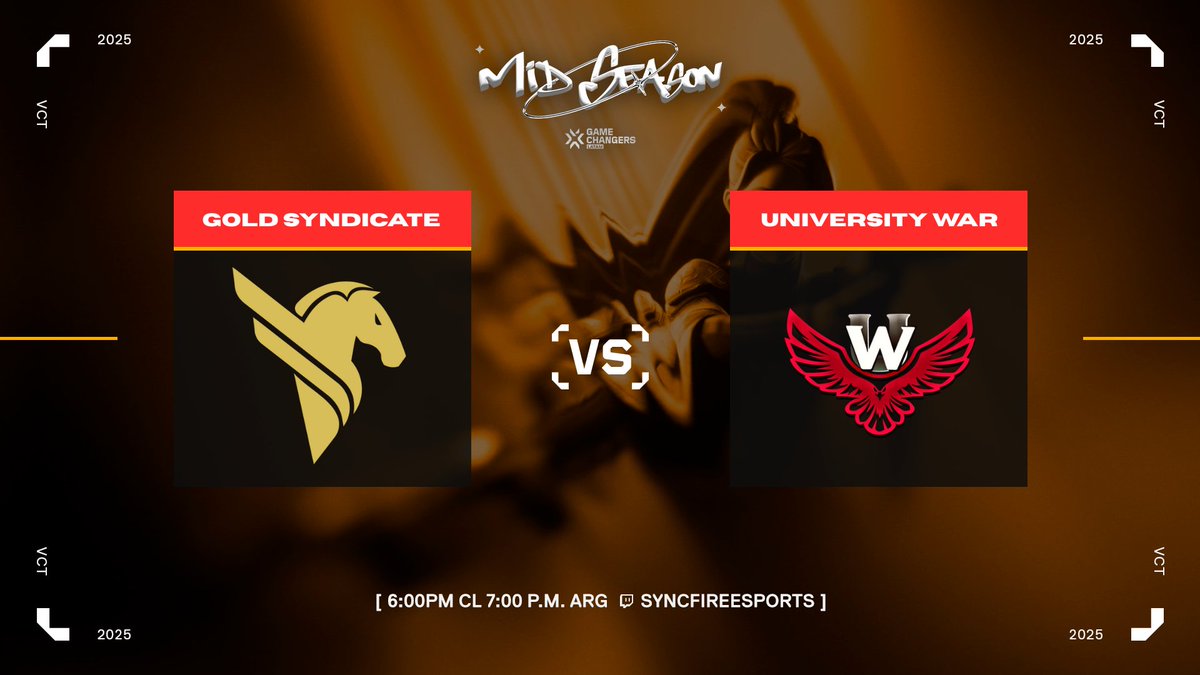 SyncFire Entertainment (@syncfireent) on Twitter photo Último día de Mid Season antes de la gran final
Hoy se define el segundo finalista del torneo!
⚔️ <a href="/GoldSyndicateLA/">Gold Syndicate</a> vs <a href="/UniversityWarG/">University War</a>
🕖 6:00PM CL / 7:00PM ARG
El cruce de LAN se confirmará una vez finalizada la fase previa.
🎥 No te lo pierdas en vivo por Último día de Mid Season antes de la gran final
Hoy se define el segundo finalista del torneo!
⚔️ <a href="/GoldSyndicateLA/">Gold Syndicate</a> vs <a href="/UniversityWarG/">University War</a>
🕖 6:00PM CL / 7:00PM ARG
El cruce de LAN se confirmará una vez finalizada la fase previa.
🎥 No te lo pierdas en vivo por