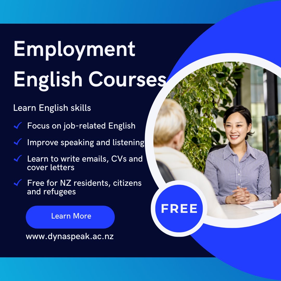 DynaSpeakSchool's tweet image. Ready to work in New Zealand?
Now enrolling for the next intake!
Book your appointment at dynaspeak.ac.nz
#WorkReady #LearnEnglish #FreeCourses #NZCEL #StudyInNZ #EmploymentEnglish