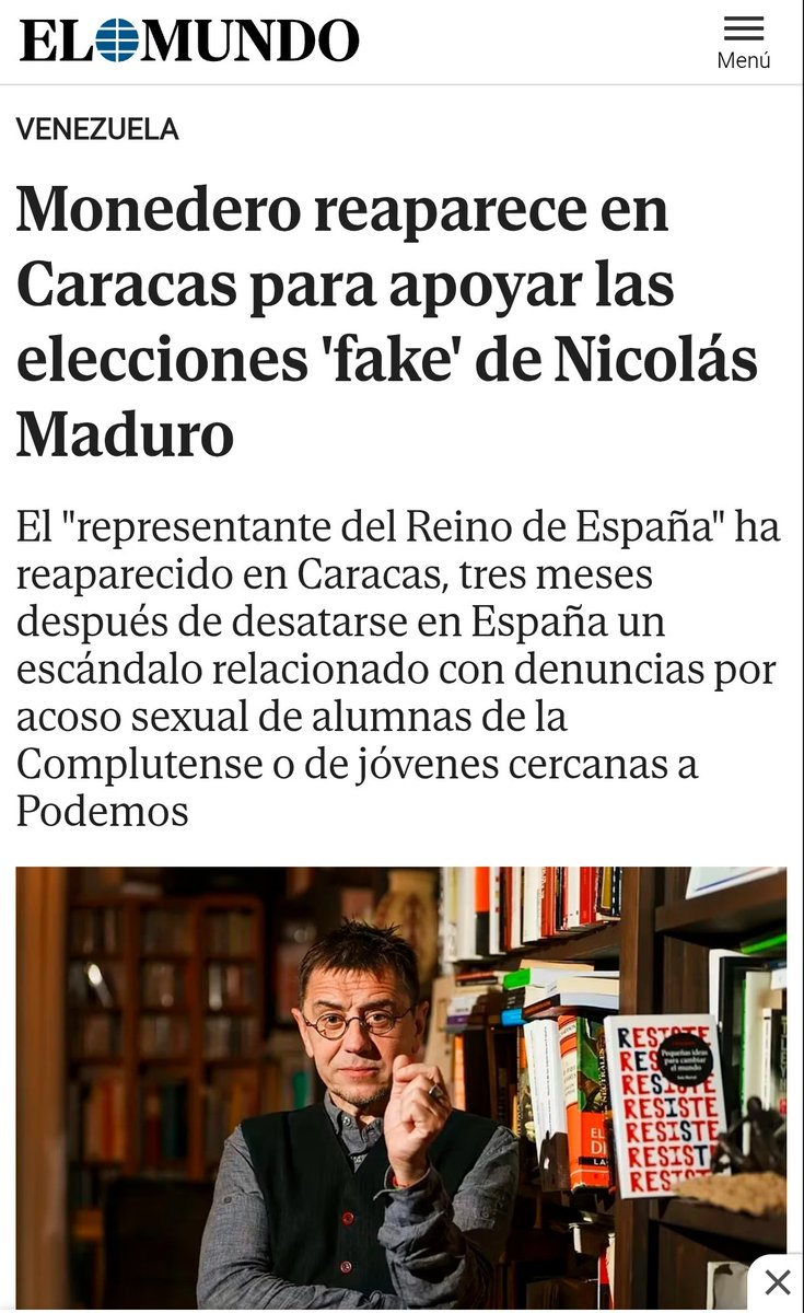 España está impactada con la reaparición de Monedero como *Observador electoral" en Venezuela.

Tenía tres meses sin salir de su casa, luego de múltiples denuncias por acoso sexual a alumnas.

Ese es el nivel.