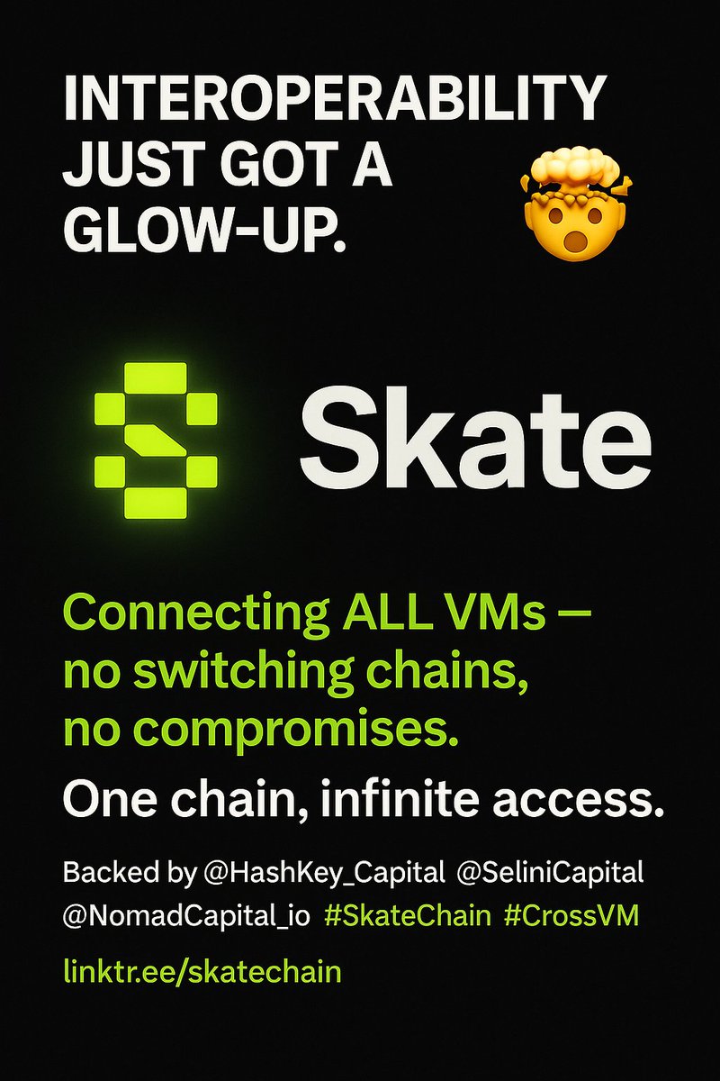 Ell_zing's tweet photo. Skate is connecting ALL VMs—no switching chains, no compromises.@skate_chain 
One chain, infinite access. 🧠💥
Backed by @HashKey_Capital @SeliniCapital @NomadCapital_io
#SkateChain #Web3 #CrossVM
🔗 https://t.co/9zvMZtAQHM https://t.co/ubcziptOt5
