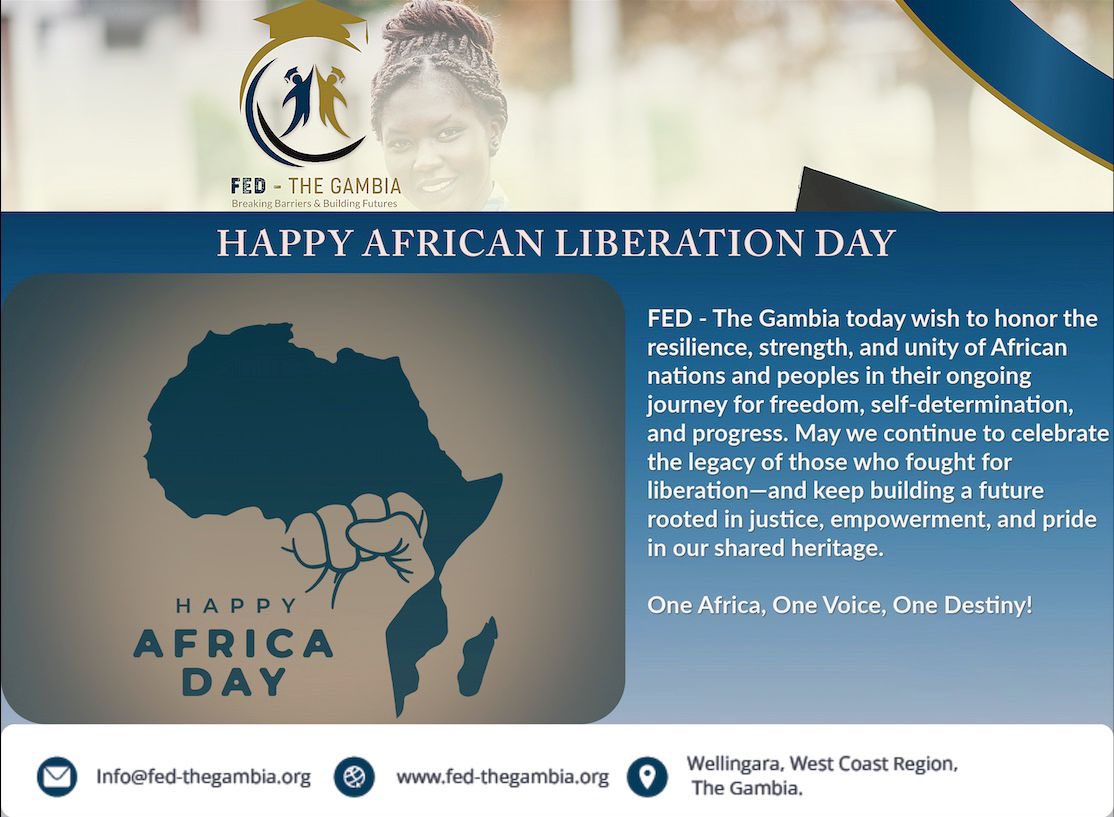 FED_Gambia's tweet photo. Honoring the resilience and unity of African nations in the pursuit of freedom and progress. 
FED celebrates the legacy of those who fought for liberation and build a future grounded in justice and pride in our heritage.

 One Africa, One Voice, One Destiny.
#AfricaDay https://t.co/hNhJyeXWdC