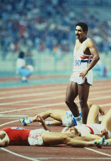 A photograph that sums up Daley Thompson's utter supremacy in the Decathlon in the early 1980s, standing tall over this rivals after winning the European Championships in Athens in 1982 and breaking the world record into the bargain