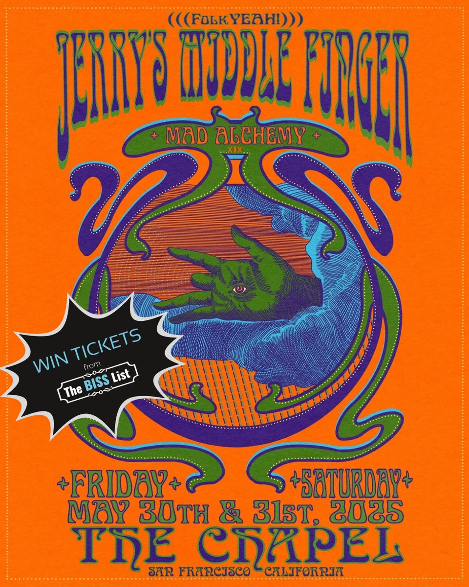 BISSList's tweet photo. Jerry’s Middle Finger returns to The Chapel for two nights of full-throttle JGB energy on May 30th &amp; 31st. Enter to #WIN tickets at https://t.co/7NlHoYkRKG.

#bisslist #jerrysmiddlefinger #jerrygarcia #thechapel #sanfrancisco https://t.co/FRcUMccpSM