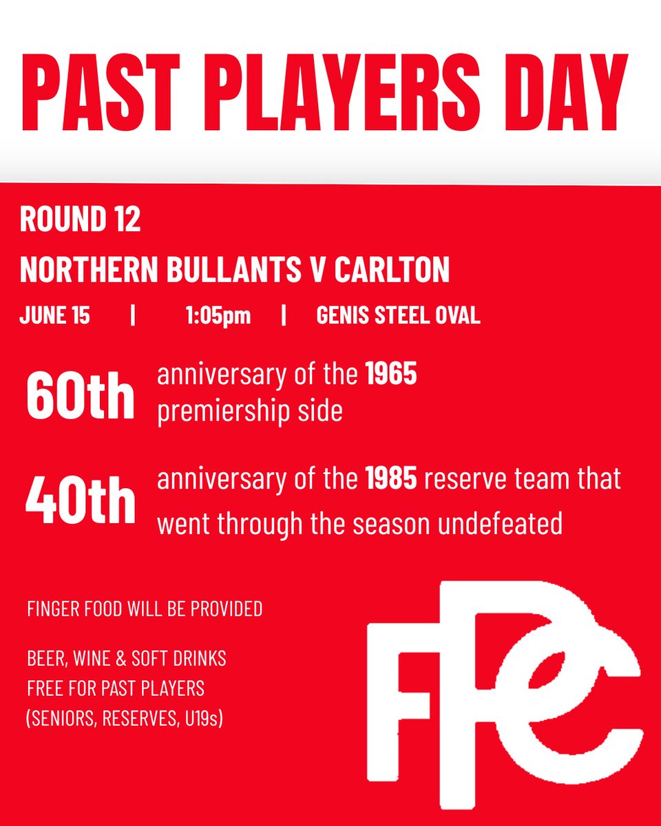 📣 Inviting all past players to our round 12 clash against Carlton 📣

Join us for an afternoon of reminiscing and celebrating the rich history of our great club 🐜 

Head to the Genis Steel Function Space at 1:05pm ahead of the 2:05pm bounce!