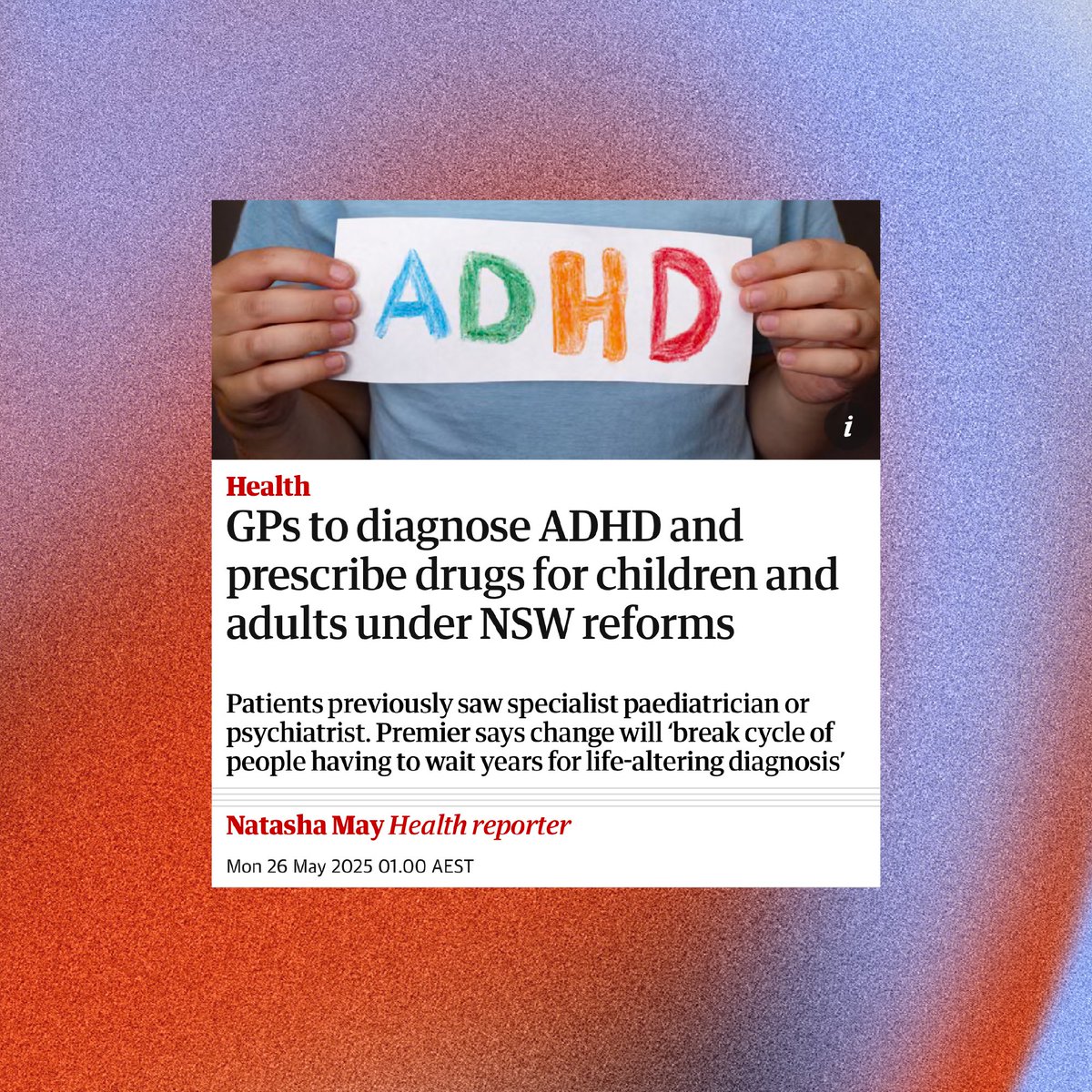 Some huge news this morning.

GPs will soon be able to diagnose ADHD and resupply ADHD medication. 

This means no more paying thousands or waiting months (or even years) to get into specialists. 

#ADHDReform #MedicareMatters #ADHD #MentalHealthForAll #auspol #nswpol