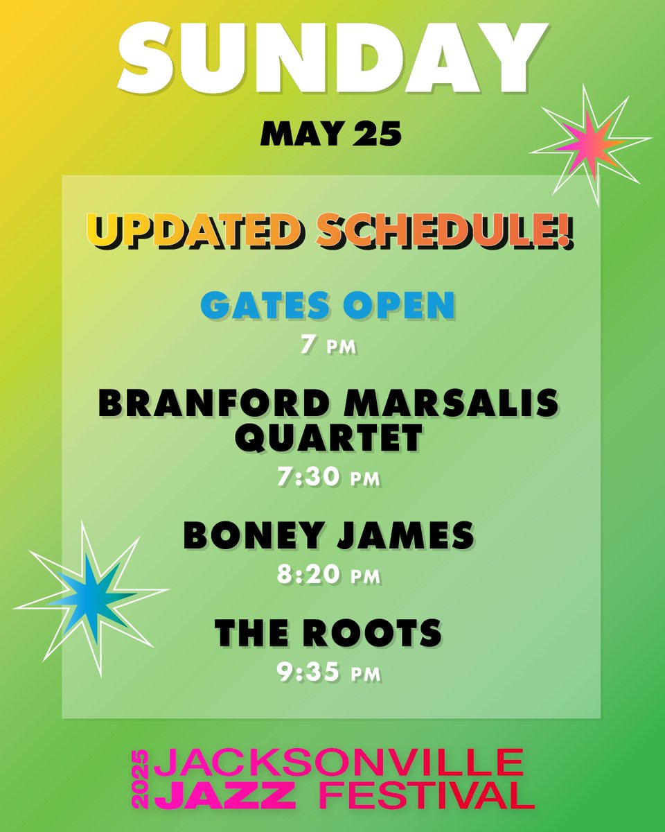 🎷 UPDATED SCHEDULE 🎷

Please note: This schedule is subject to change due to weather conditions. We will continue to provide updates as quickly as possible through our official social media channels.

Stay safe and enjoy the music!
