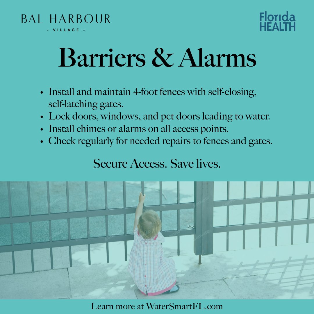 BalHarbourGov's tweet image. Don't wait for a warning sign; create one. Physical barriers and alarms are lifesaving tools and proactive steps towards water safety. 
#LayersOfProtection #PoolSafety #BarrierToDrowning