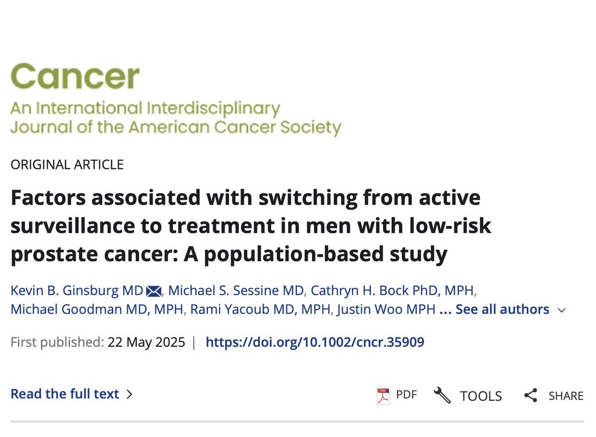 Advanced Prostate Cancer Consensus Conference (@apccc_lugano) on Twitter photo Factors associated with switching from active surveillance to treatment in men with low-risk prostate cancer
acsjournals.onlinelibrary.wiley.com/doi/10.1002/cn…
This population-based study examined factors influencing the decision to transition from active surveillance (AS) to definitive treatment among Factors associated with switching from active surveillance to treatment in men with low-risk prostate cancer
acsjournals.onlinelibrary.wiley.com/doi/10.1002/cn…
This population-based study examined factors influencing the decision to transition from active surveillance (AS) to definitive treatment among