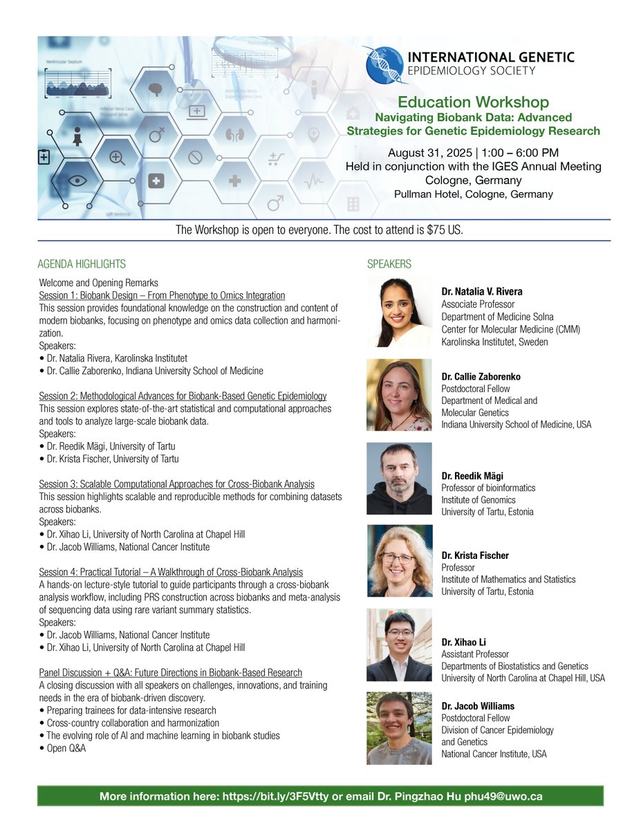 Join <a href="/genepisociety/">IGES</a> for the Education Workshop "Navigating Biobank Data: Advanced Strategies for Genetic Epidemiology Research"!

🎫International Genetic Epidemiology Society (IGES)
🚨Education Workshop
📍 Cologne, Germany
⏲️ Aug 31, 2025 1:00 - 6:00 PM