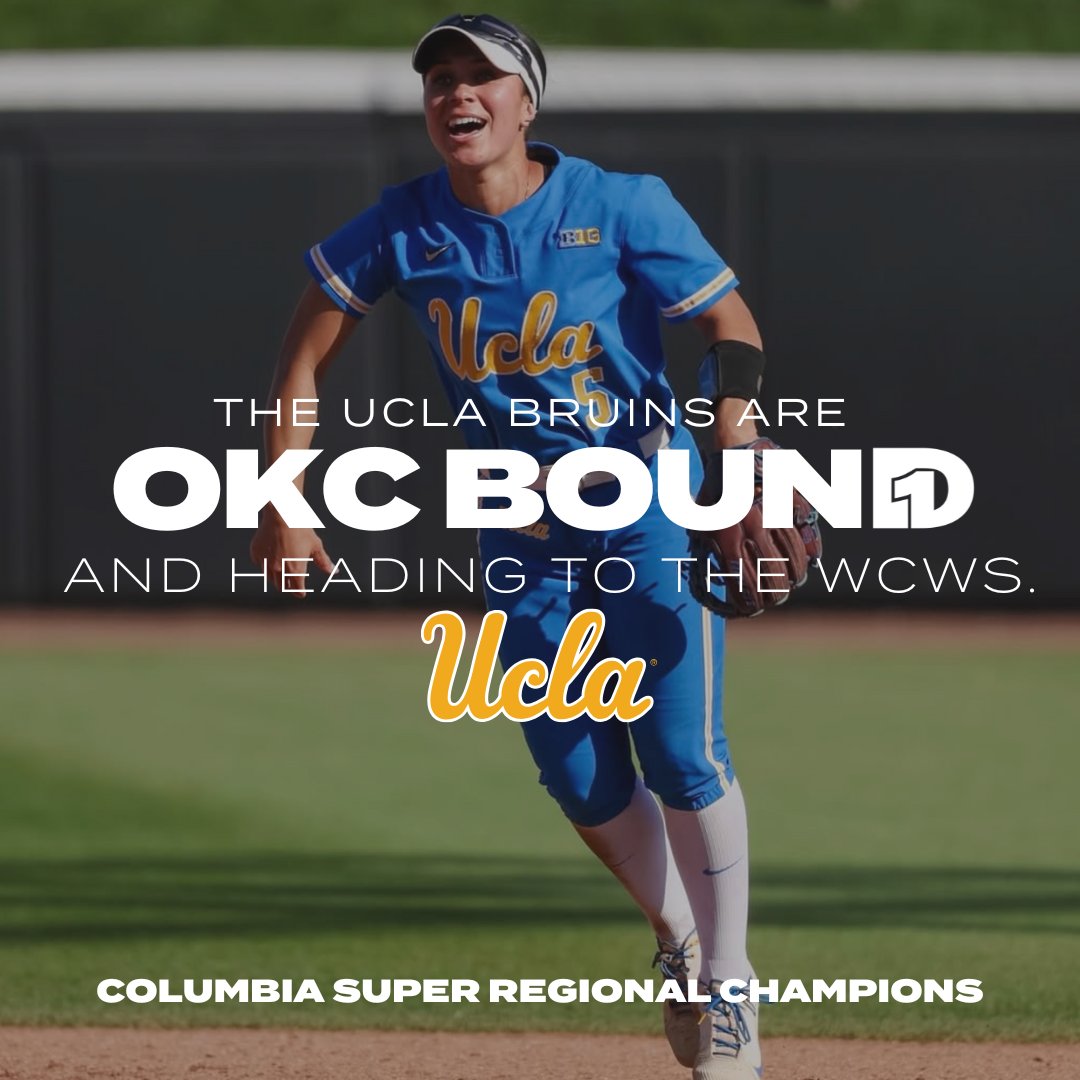 D1Softball (@d1softball) on Twitter photo NEXT STOP ➡️ OKC
The UCLA Bruins are headed to the #WCWS.
<a href="/UCLASoftball/">UCLA Softball</a> x #RoadtoWCWS NEXT STOP ➡️ OKC
The UCLA Bruins are headed to the #WCWS.
<a href="/UCLASoftball/">UCLA Softball</a> x #RoadtoWCWS
