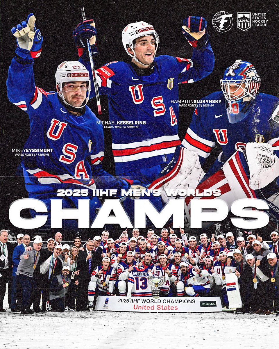 FargoForce's tweet photo. 𝐂𝐇𝐀𝐌𝐏𝐈𝐎𝐍𝐒🏆
Congratulations to #ForceAlumni Mikey Eyssimont, Michael Kesselring & Hampton Slukynsky on winning GOLD for Team USA at the IIHF Men’s World Championship for the first time since 1933!🇺🇸
#ForceNation⚡️| #MensWorlds https://t.co/eLimG8bbND