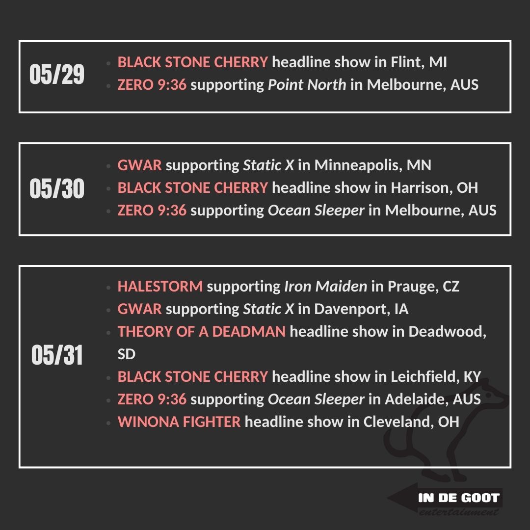 In De Goot Entertainment (@indegoot) on Twitter photo Our International Superstars πΈπ€
Starting strong this week with <a href="/winonafighter/">WINONA FIGHTER</a> playing the Slam Dunk festival in the UK and <a href="/Halestorm/">Halestorm</a> supporting <a href="/IronMaiden/">Iron Maiden</a> in the EU, and ending strong with <a href="/BlkStoneCherry/">Black Stone Cherry</a> headline shows in the US and @zero936 support shows in AUS! Our International Superstars πΈπ€
Starting strong this week with <a href="/winonafighter/">WINONA FIGHTER</a> playing the Slam Dunk festival in the UK and <a href="/Halestorm/">Halestorm</a> supporting <a href="/IronMaiden/">Iron Maiden</a> in the EU, and ending strong with <a href="/BlkStoneCherry/">Black Stone Cherry</a> headline shows in the US and @zero936 support shows in AUS!