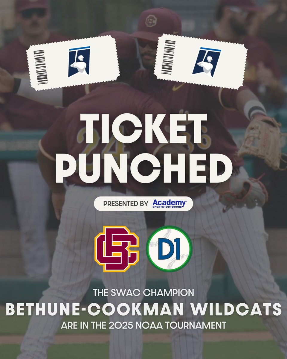 D1Baseball (@d1baseball) on Twitter photo ๐ ๐๐๐๐๐๐ ๐๐๐๐๐๐๐ ๐
For the 17th time in program history and the first time since 2017, <a href="/BCUDiamondCats/">โพ๏ธBethune-Cookman Baseball</a> is NCAA tournament bound!
๐ค <a href="/Academy/">Academy Sports + Outdoors</a> ๐ ๐๐๐๐๐๐ ๐๐๐๐๐๐๐ ๐
For the 17th time in program history and the first time since 2017, <a href="/BCUDiamondCats/">โพ๏ธBethune-Cookman Baseball</a> is NCAA tournament bound!
๐ค <a href="/Academy/">Academy Sports + Outdoors</a>