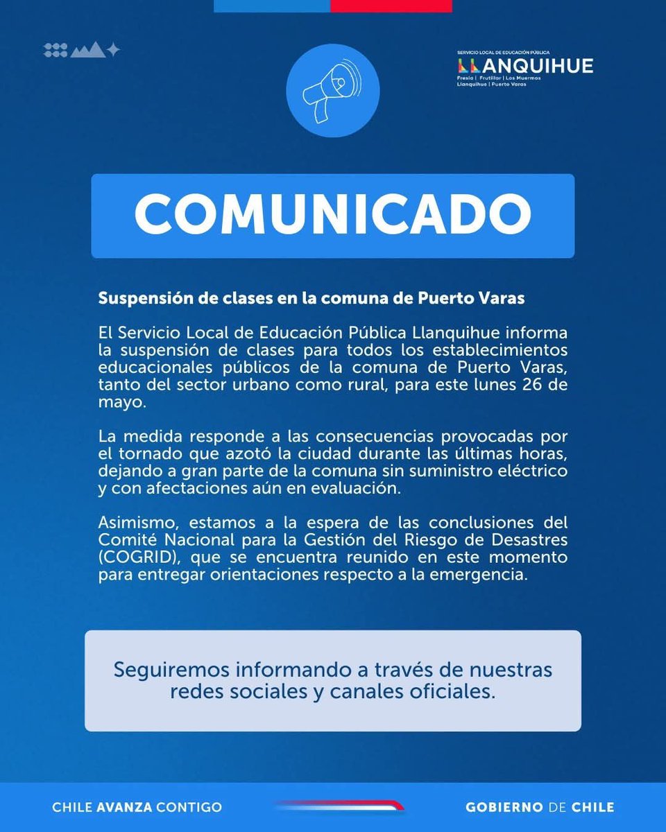 🔴 URGENTE | SLEP informa la suspensión de clases para la comuna de Puerto Varas para este Lunes 26 de Mayo. #Tornado #PuertoVaras