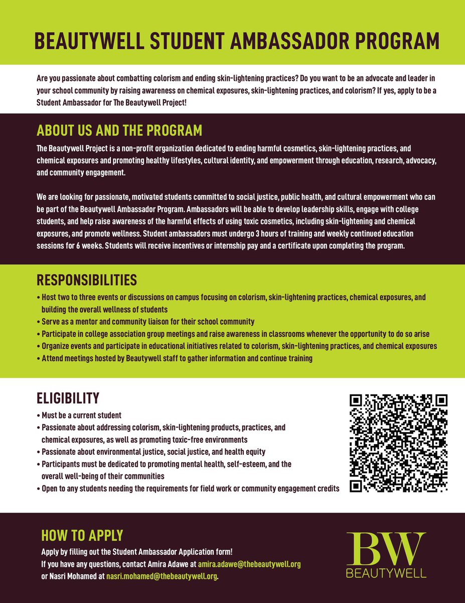 Announcing the Beautywell Student Ambassador Program!

We are excited to announce the launch of the Beautywell Student Ambassador Program! This new initiative is all about raising awareness of the dangers associated with toxic cosmetics, including skin-lightening products