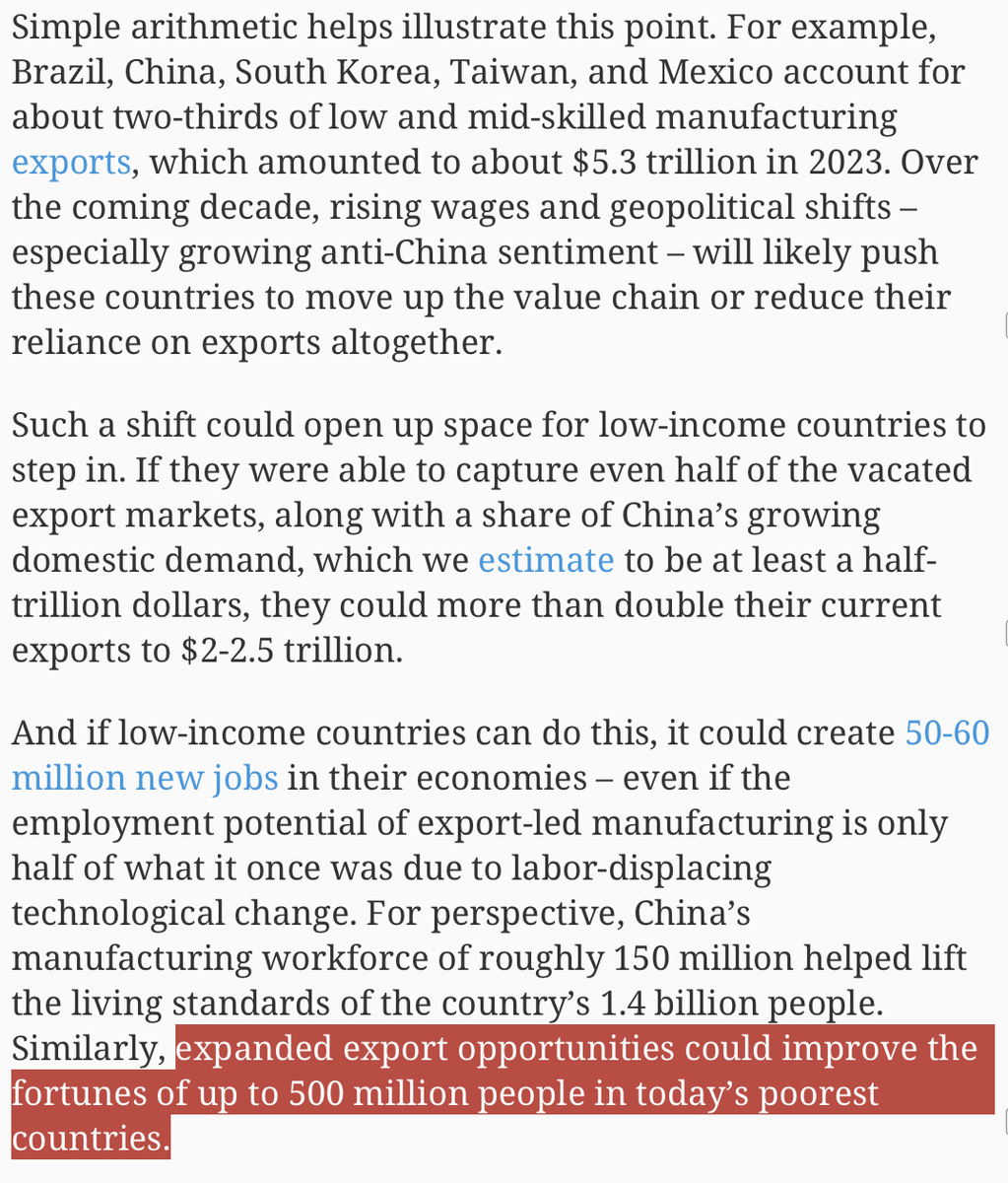 Good argument from <a href="/arvindsubraman/">Arvind Subramanian</a> that low-income countries shouldn't give up on low-skill manufacturing-led growth; there's a lot of demand to fill and meaningful positive externalities from these jobs.