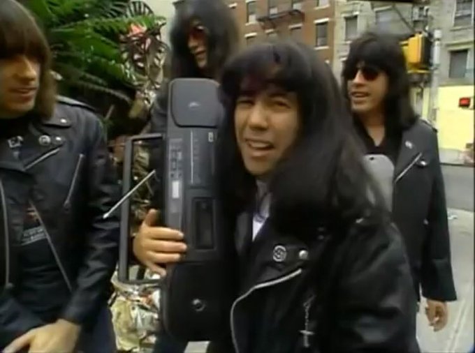 Gilbert Gottfried as “Gilbert Ramone” with Johnny, Joey, and Marky on USA Up All Night, 1990.