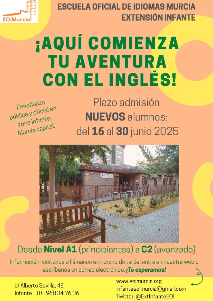 <a href="/MarianoBaquero/">IES Mariano Baquero</a> <a href="/EduPermanenteRM/">Educación Permanente Región de Murcia</a> <a href="/IESLaFlorida/">IES La Florida</a> <a href="/LauriHdezF/">Laura Hernández Ferrández</a> <a href="/EspecialRegimen/">Enseñanzas Régimen Especial</a> <a href="/iesingeniero/">IES Ingeniero de la Cierva</a> <a href="/BarriomarObs/">The Barriomar Observer</a> <a href="/BibSMayor/">Biblioteca S. Mayor</a> <a href="/sm_ampa/">Ampa Ceip Santiago el Mayor</a> <a href="/santiagomayor12/">CEIP SantiagoElMayor</a>