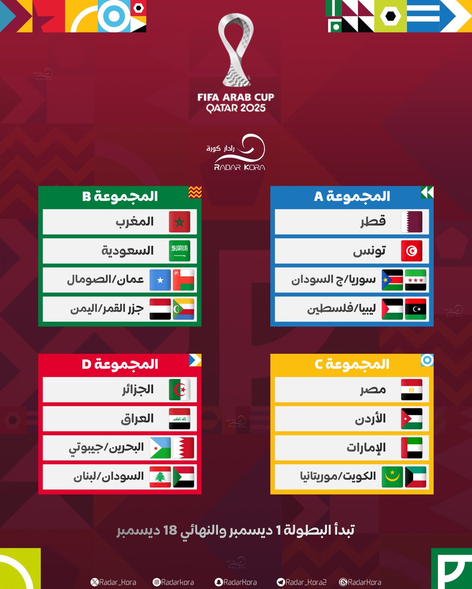 🏆 || قرعة كأس العرب 2025 🇶🇦 

⏳ تبدأ البطولة 1 ديسمبر  
🏆 النهائي 18 ديسمبر

#كأس_العرب | #FIFArabCup