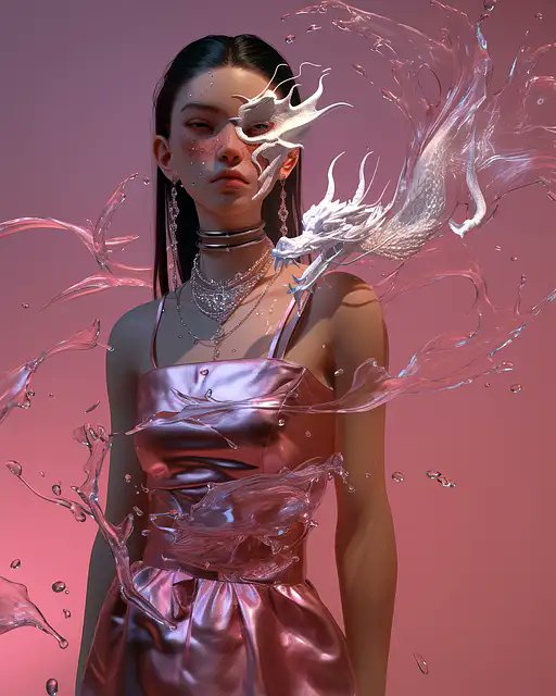 Visionary Prompt: A stunning woman in a lustrous pink metallic skirt, adorned with intricate white dragon facial art &amp; silver neckwear, wading in a crystalline gem-pool. A Zéne Yoon 3D render.

#AIArt #DigitalArt #3DRender #FantasyArt