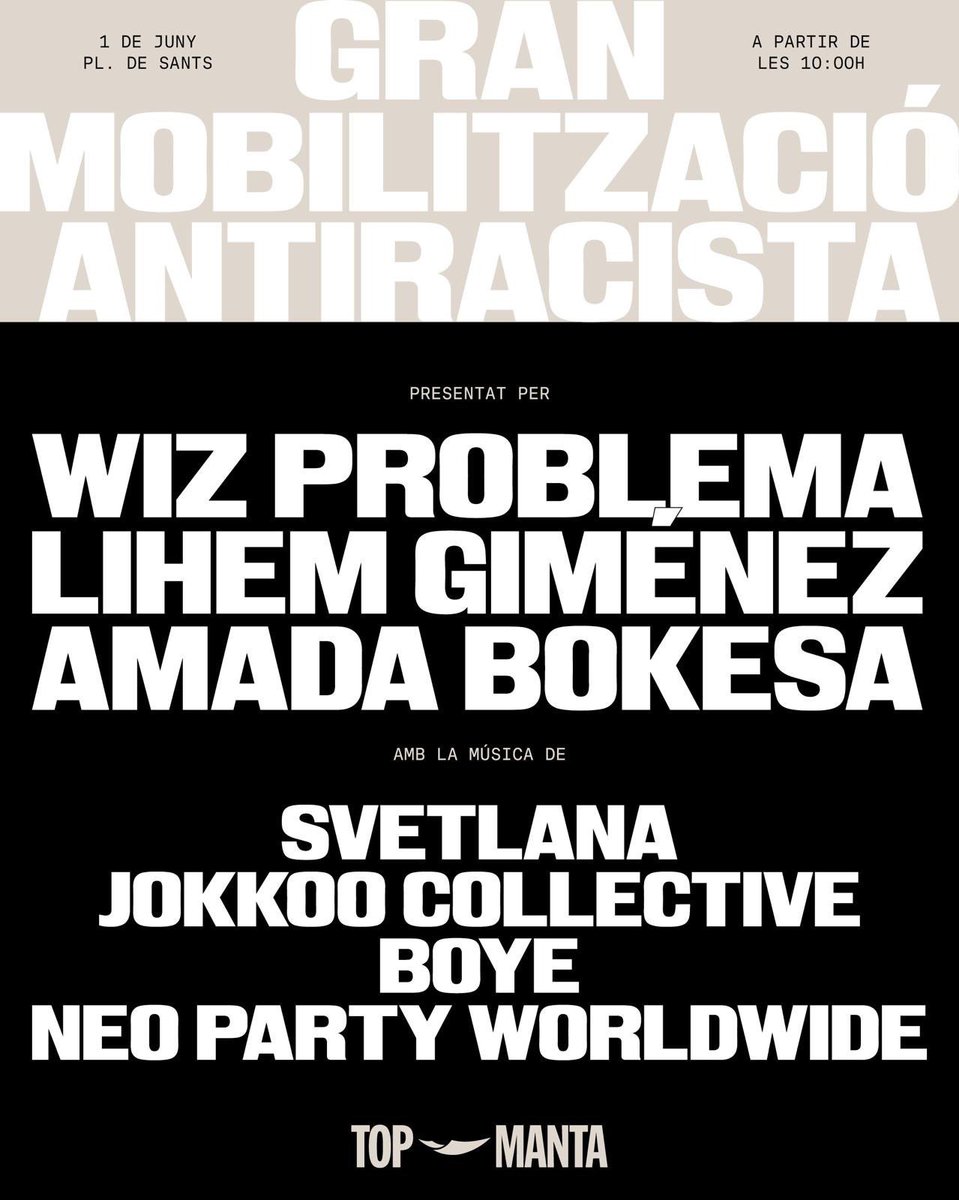 Amb dorsal o sense, diumenge vinent us esperem en la que serà una mobilització històrica contra el racisme! 

Comencem a revelar qui ens acompanyarà 🫨😮‍💨👊🏽🤚🏿

⚫️ 1 de juny • 10-14 h • Plaça de Sants

Que no hi falti ningú!