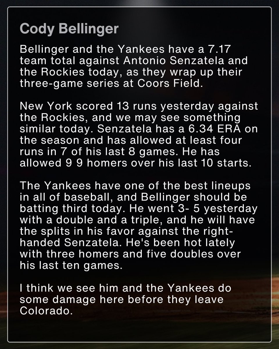 ⚾️ MLB Best Bet (5/25/25)
🔵 Cody Bellinger O1.5 Total Bases

Love this spot for Cody against the Rockies this afternoon.

Full research below.

21+, gamble responsibly.