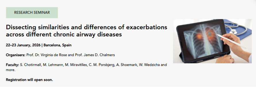 James D Chalmers (@profjdchalmers) on Twitter photo Join us in Barcelona for an exciting seminar on Exacerbations across respiratory diseases: Asthma, bronchiectasis, COPD and CF!
Building bridges and diving deep into the science
22nd-23rd January 2026
<a href="/EuroRespSoc/">ERS</a> <a href="/Mkg_Lehmann/">Mareike Lehmann</a> <a href="/MiravitllesMarc/">Marc Miravitlles</a> <a href="/Shoemelia/">Amelia Shoemark</a> <a href="/EMBARCnetwork/">EMBARC</a> Join us in Barcelona for an exciting seminar on Exacerbations across respiratory diseases: Asthma, bronchiectasis, COPD and CF!
Building bridges and diving deep into the science
22nd-23rd January 2026
<a href="/EuroRespSoc/">ERS</a> <a href="/Mkg_Lehmann/">Mareike Lehmann</a> <a href="/MiravitllesMarc/">Marc Miravitlles</a> <a href="/Shoemelia/">Amelia Shoemark</a> <a href="/EMBARCnetwork/">EMBARC</a>