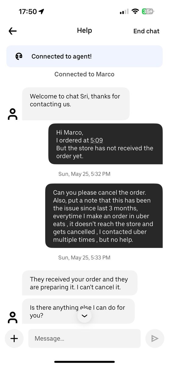 TheMightyDas's tweet photo. @Uber @UberEats Your customer care is not helpful. Facing issues with orders getting auto cancelled after 30 min or orders not reaching the store - happening since last 3 months but your customer support provides no help , rather they disconnect chats when asked questions #uber https://t.co/LwHzlO2I0f