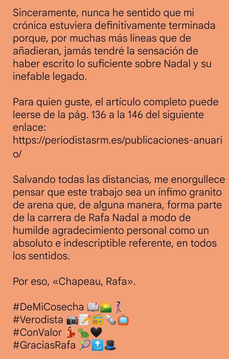 ~ «Chapeau, Rafa» ~

París ha enamorado a muchos a lo largo de la historia, pero son muy, muy pocos los que han conseguido enamorar a París.

Entre ese selectísimo grupo: <a href="/RafaelNadal/">Rafa Nadal</a>.

(...) Sigue en 📷 👇🏻

Descubre más en: periodistasrm.es/publicaciones-…
(Pág. 136-146 <a href="/PeriodistasRM/">Colegio Oficial de Periodistas Región de Murcia</a>)