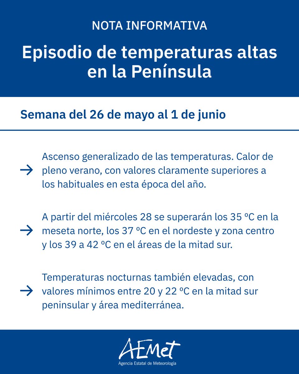 🥵 Nota Informativa de #AEMET por el episodio de altas temperaturas en la Península Ibérica a partir de mañana. #Calor #FMA