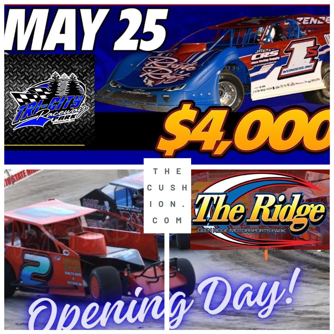 The Cushion (@watchthecushion) on Twitter photo Double up Sunday with racing from <a href="/GlenRidgeMP/">Glen Ridge MP</a> & <a href="/TriCityRaceway/">Tri-City Raceway</a>
Season Opener at The Ridge with 358 & Sportsman Modifieds, and more….
$4000 to win <a href="/RUSHLM/">RUSH Late Models</a> and the <a href="/ModifiedTourInc/">BRPModifiedTour</a> at Tri-City
Catch every lap live on TheCushion.com starting at 5:30pm eastern. Double up Sunday with racing from <a href="/GlenRidgeMP/">Glen Ridge MP</a> & <a href="/TriCityRaceway/">Tri-City Raceway</a>
Season Opener at The Ridge with 358 & Sportsman Modifieds, and more….
$4000 to win <a href="/RUSHLM/">RUSH Late Models</a> and the <a href="/ModifiedTourInc/">BRPModifiedTour</a> at Tri-City
Catch every lap live on TheCushion.com starting at 5:30pm eastern.