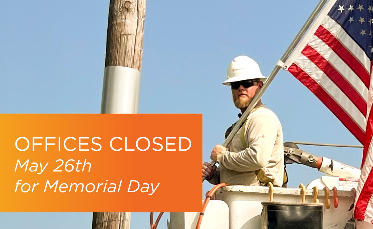 conelec's tweet image. Our offices will be closed tomorrow for Memorial Day. We will reopen on Tuesday, May 27. 

Need something while our offices are closed? We&apos;re always here for you! Our outage hotline, 24/7 emergency service, and fiber tech support lines are always open: bit.ly/Contact-Consol…