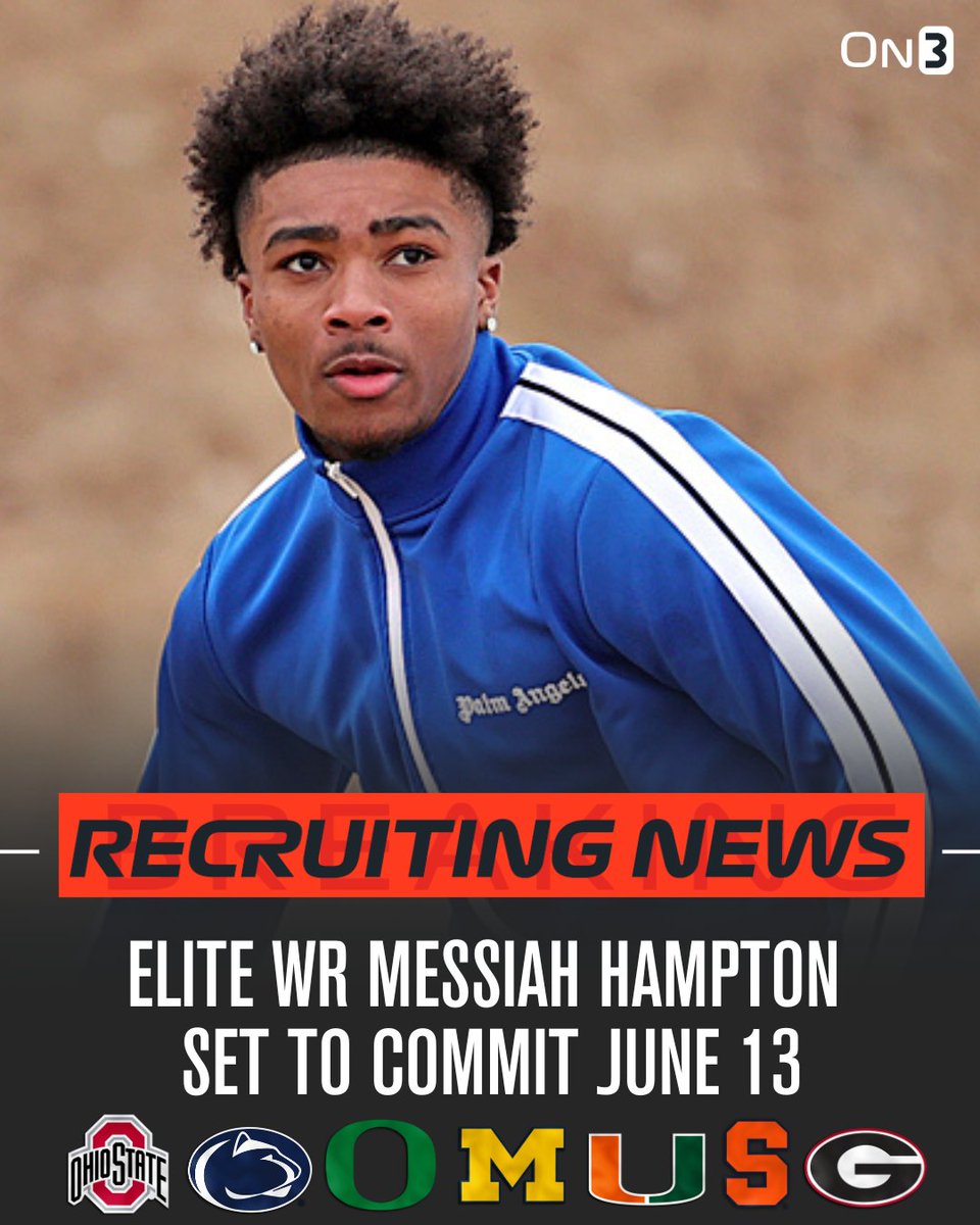 On3 Recruits (@on3recruits) on Twitter photo Elite WR Messiah Hampton will announce his commitment on June 13, he tells <a href="/Hayesfawcett3/">Hayes Fawcett</a>.
Hampton will choose between Oregon, Penn St., Syracuse, Ohio State, Michigan, Georgia and Miami‼️
on3.com/db/messiah-ham… Elite WR Messiah Hampton will announce his commitment on June 13, he tells <a href="/Hayesfawcett3/">Hayes Fawcett</a>.
Hampton will choose between Oregon, Penn St., Syracuse, Ohio State, Michigan, Georgia and Miami‼️
on3.com/db/messiah-ham…