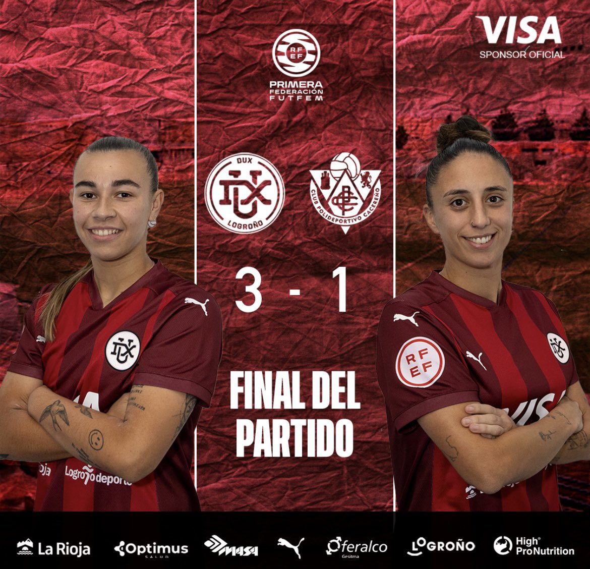 Woso Promises Magazine (@wosomagazine) on Twitter photo 🚨PLAYOFFS VUELTA🚨
#PrimeraFederacionIberdrola
<a href="/DUXLogrono/">DUX Logroño</a>🔴🔴 3️⃣➖️1⃣ <a href="/CacerenoFem/">Cacereño Femenino</a> 🟢🟢
⚽️🔴🔴<a href="/MiaAsenjo/">Mia Asenjo</a> y <a href="/sonya_keefe/">Sonya Keefe</a> (x2)
⚽️🟢🟢 Nora
🏟 Pradoviejo
#wosomagazine🧩 #GoDUX #CacereñoFemenino 🚨PLAYOFFS VUELTA🚨
#PrimeraFederacionIberdrola
<a href="/DUXLogrono/">DUX Logroño</a>🔴🔴 3️⃣➖️1⃣ <a href="/CacerenoFem/">Cacereño Femenino</a> 🟢🟢
⚽️🔴🔴<a href="/MiaAsenjo/">Mia Asenjo</a> y <a href="/sonya_keefe/">Sonya Keefe</a> (x2)
⚽️🟢🟢 Nora
🏟 Pradoviejo
#wosomagazine🧩 #GoDUX #CacereñoFemenino