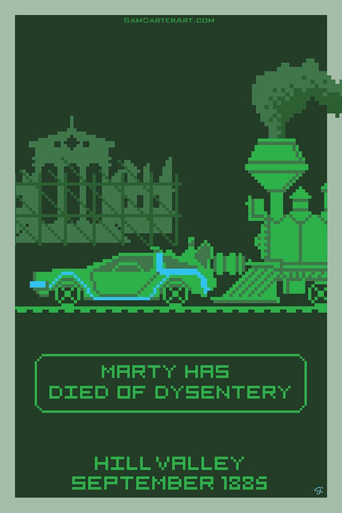 Cartarsauce's tweet image. Happy 35th to Back to the Future III. I discovered in 2015 at a BTTF art show that part 3 might be my favorite bc i subconsciously cranked out a bunch of art from the final installment. I think it’s the incredible suspenseful ending and how they tied it all up. Perfection.