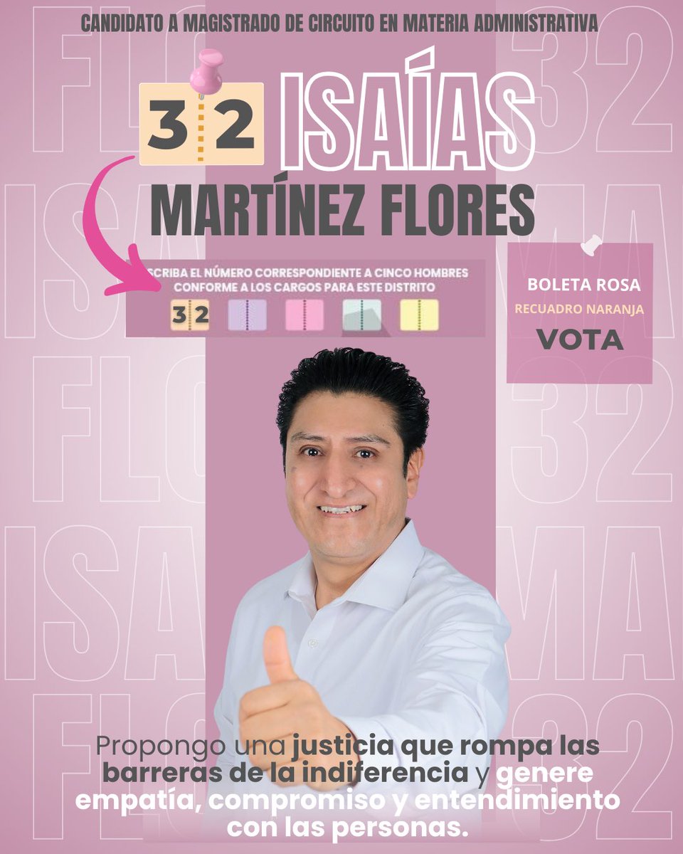 IsaiasMF's tweet photo. Propongo una justicia que rompa las barreras de la indiferencia y genera empatía, compromiso y entendimiento con las personas.
Este 1 de junio vota #32 Boleta rosa para garantizar una justicia de puertas abiertas a todas las voces.
#elecciónjudicial #VotaPoderJudicial2025mx #poderjudicial #vota32 #boletarosa #campaña #elecciones2025 #TEPJF #PJF #magistrado #INE #miguelhidalgo #cuauhtémoc #sumate #conoceme #1dejunio