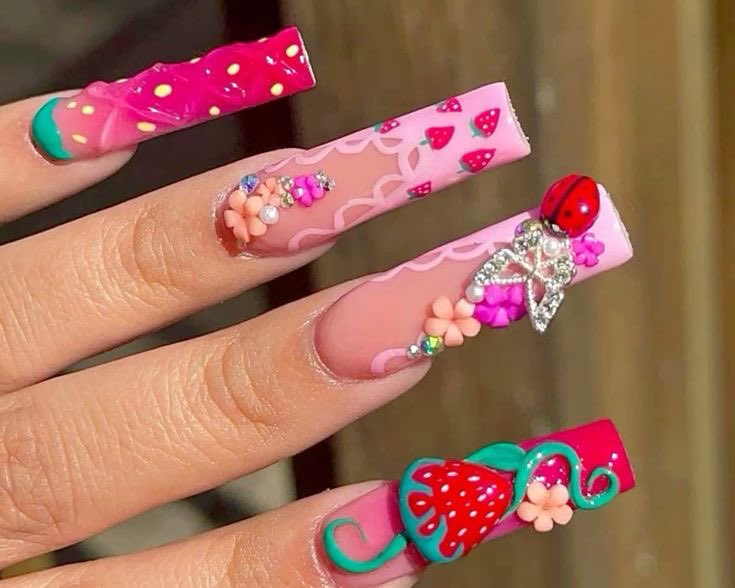 PrettyJazkay's tweet photo. Strawberry nails for summer 2025 🔥🔥🔥these are cuteee 😍 https://t.co/ASHn75wMiD